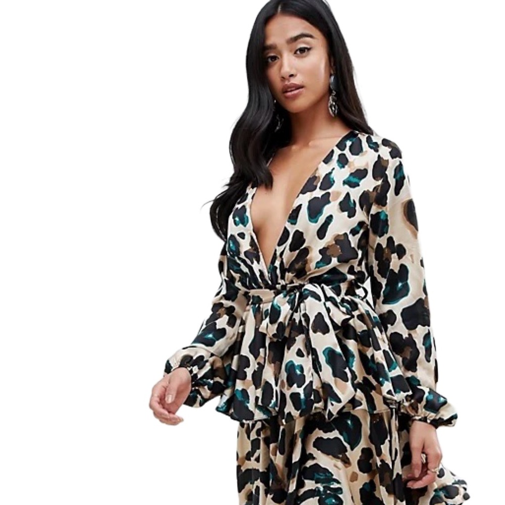 Size 4/6 petite green/gold leopard print spring cocktail wrap dress